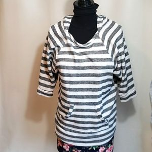 MONTEAU Grey & White Striped Hooded Pullover w/ Pocket Size Large